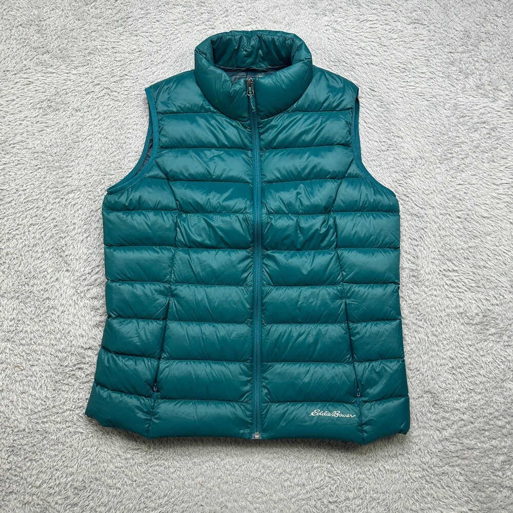 Eddie Bauer Puffer Vest Womens L Green EB650 Down Outdoors Hiking